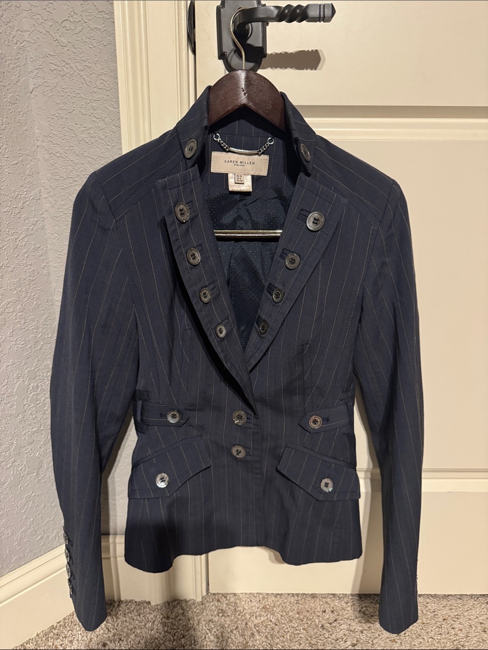 Karen Millen Navy Pinstripe Military-Inspired Blazer